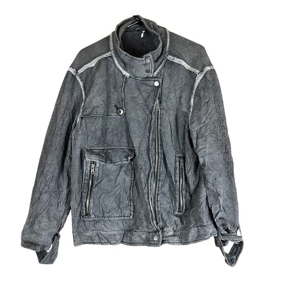 Free People Womens Jacket Gray Charcoal Railroad Stripe Moto Stretch Small - Picture 1 of 12